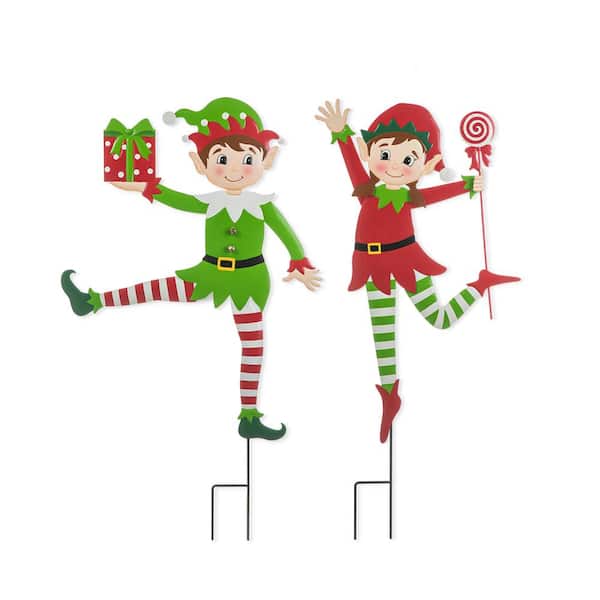 Glitzhome 35.75 in. H Set of 2 Christmas Metal Dancing Elf Yard Stake or Wall Décor