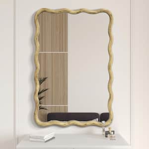 24 in. W x 36 in. H Wavy Natural Wood Framed Wall Mirror Irregular Vanity Mirror