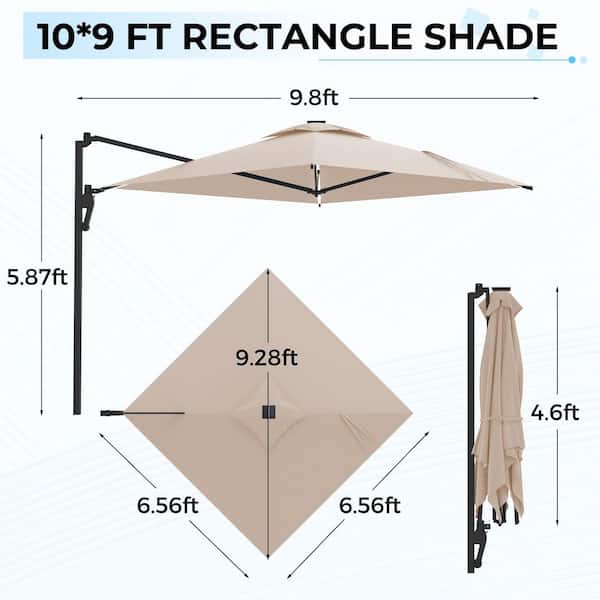 10 ft. Metal Cantilever Large Wall Mounted Solar Patio Umbrella in Beige