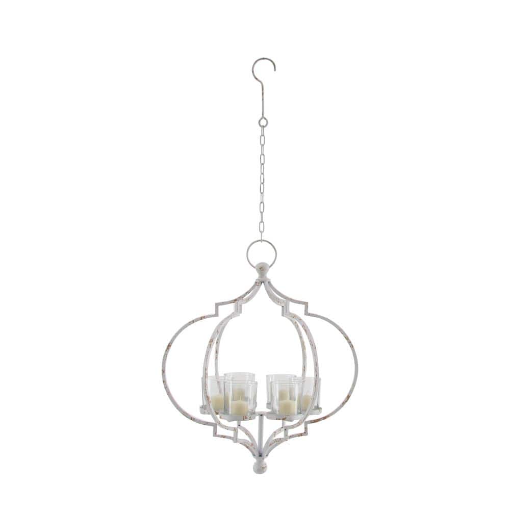 Elegant Farmhouse 17" White Metal Hanging Candle Lantern