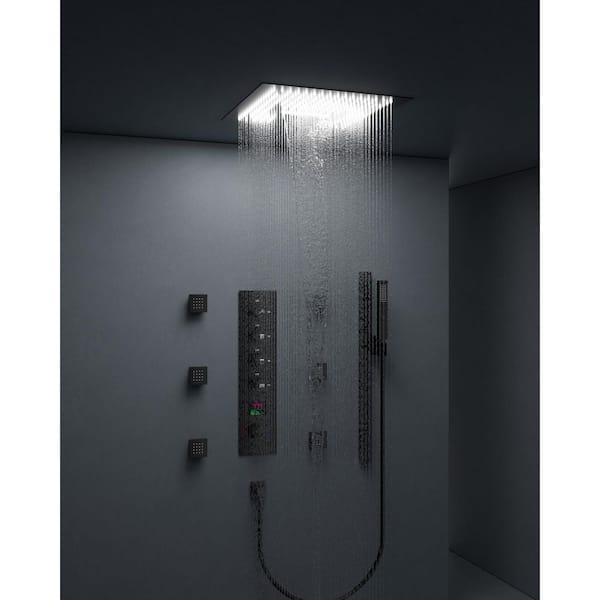 LED Thermostatic Valve 15-Spray 16 in. Ceiling Mount Dual and Handheld Shower 2.5 GPM with Slider Bar in Matte Black