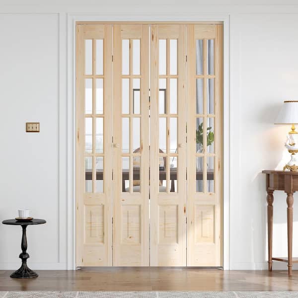 48 in. x 80 in. 3/4 Lite Preassembled Clear Glass Solid Core Wood Spruce Bi-Fold French Door with Hardware