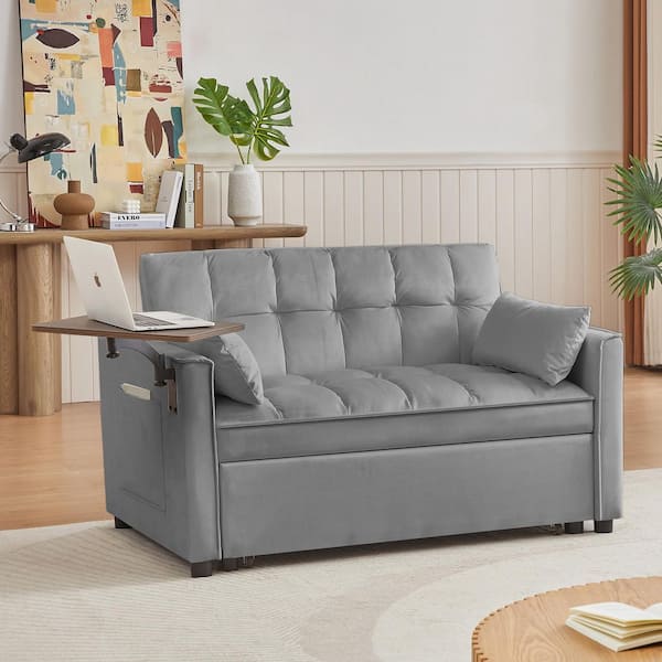53 in. W 3-in-1 Convertible Velvet Sleeper Sofa Bed with 2 Pillows and Small Table, Gray, 2-Seater Loveseat