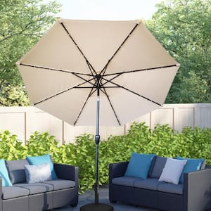 9 ft. Octagon Aluminum Patio Market Umbrella with LED Lights and Push Button Tilt in Sand