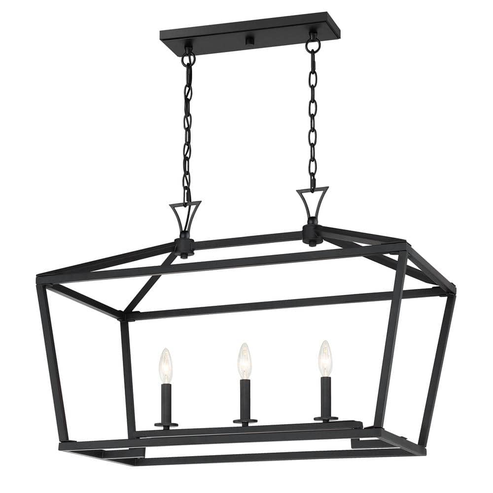 Matte Black 3-Light Linear Chandelier with Open Lantern Design
