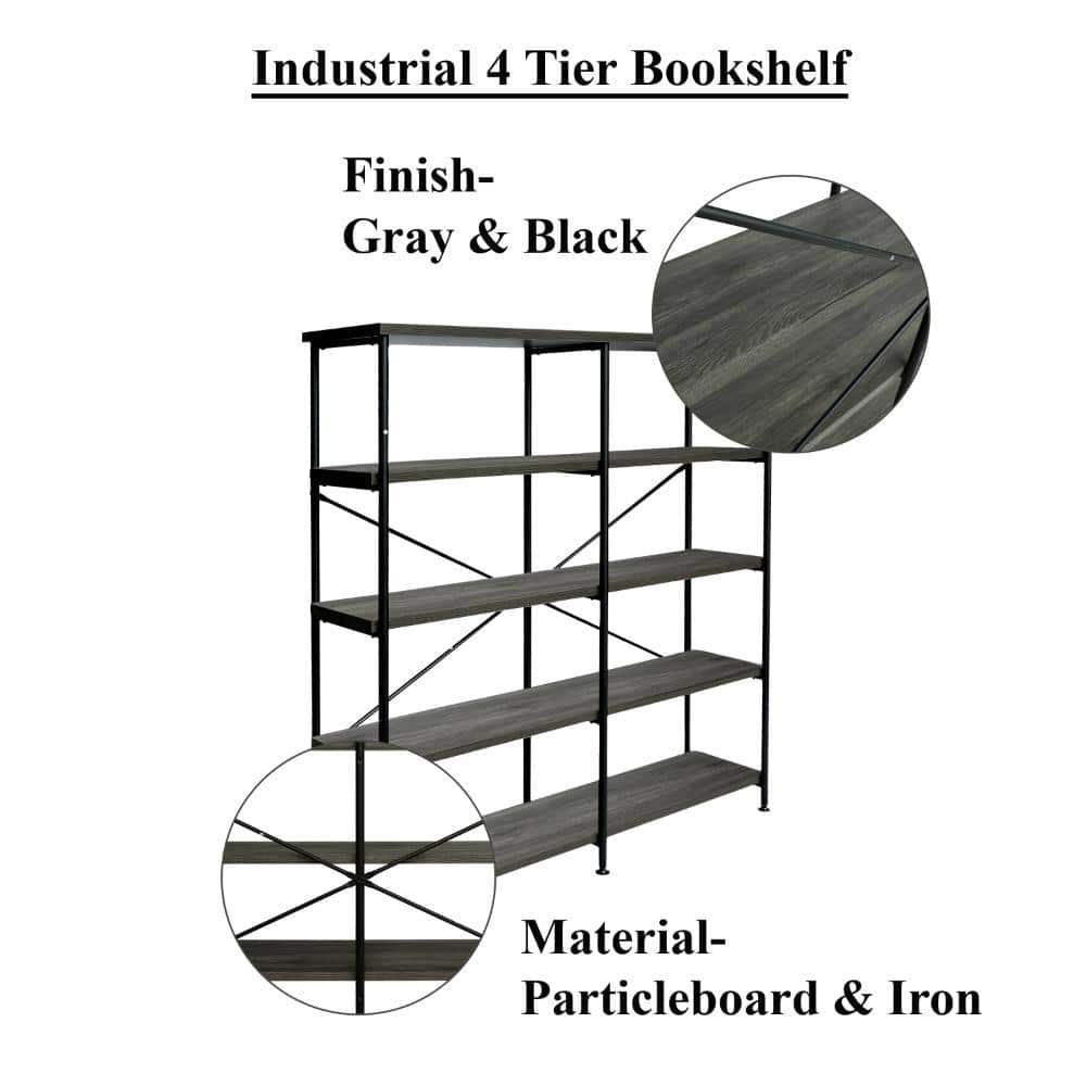 Modern Industrial 60" Gray and Black 4-Tier Bookshelf