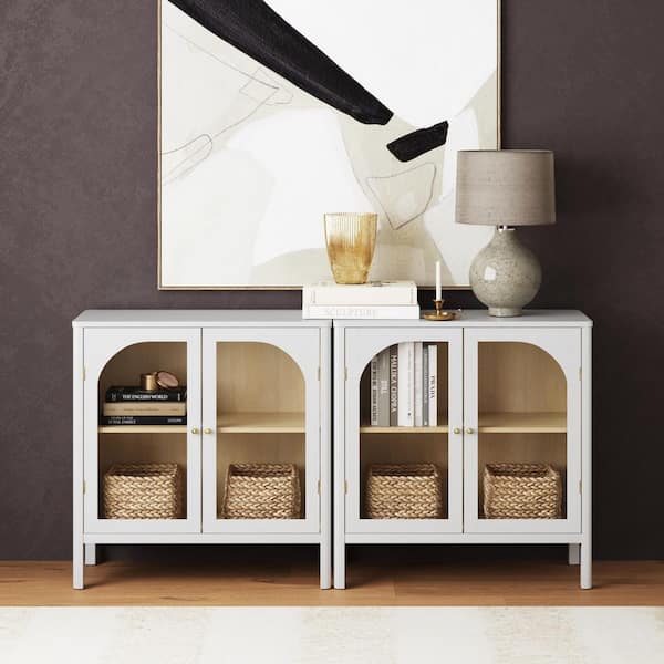 Mason Accent Sideboard Buffet with Glass Doors And Adjustable Shelves, Clear Glass/White/Light Oak, Set of 2