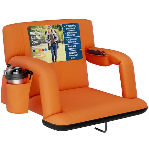 ALPCOUR Reclining Stadium Seat - Wide Bleacher Chair w/Back Support, Cushion, Armrests and Side Pockets - 21in. Wide - Orange