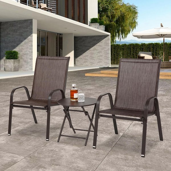 3-Piece Metal Outdoor Bistro Set, Indoor Outdoor Table and Chair Set with Breathable Fabric and Foldable Table, Brown