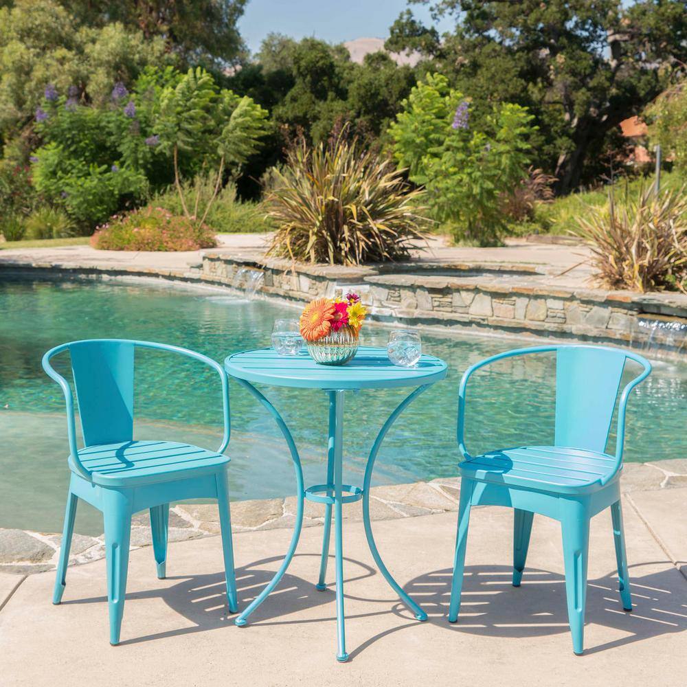 3-Piece Classic Blue Metal Outdoor Patio Serving Bar Bistro Set
