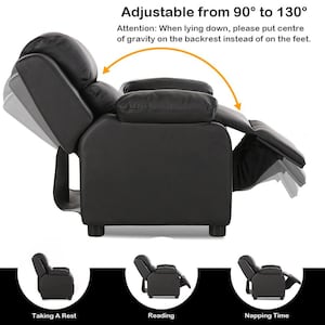 Deluxe Padded Black Faux Leather Upholstery Kids Recliner Headrest w/Storage Arm