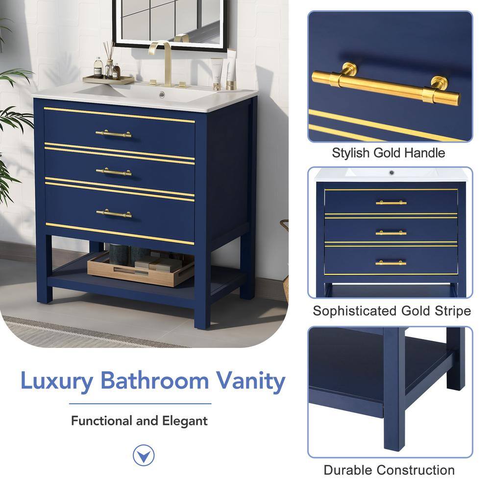 30" Blue Wood Freestanding Vanity with White Ceramic Top and Gold Accents