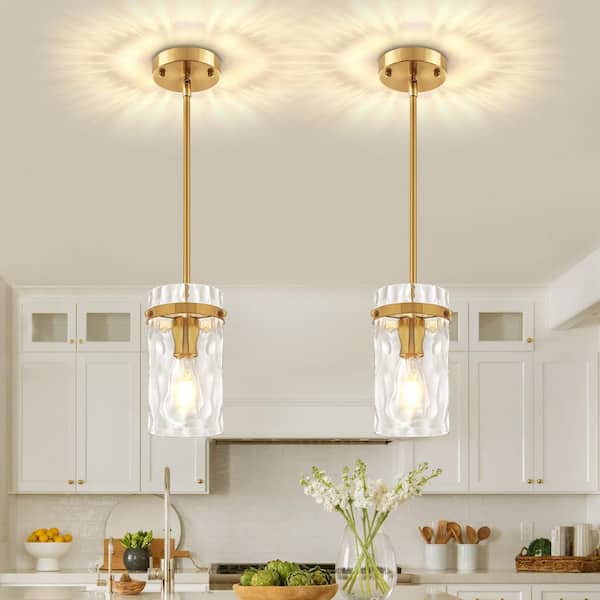 1-Light Gold Modern Pendant Light with Cylinder Clear Water Glass Shade (Set of 2)