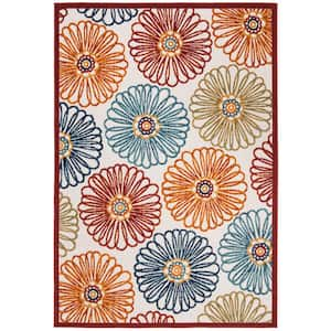 Cabana Cream/Red Doormat 2 ft. x 4 ft. Border Floral Indoor/Outdoor Area Rug