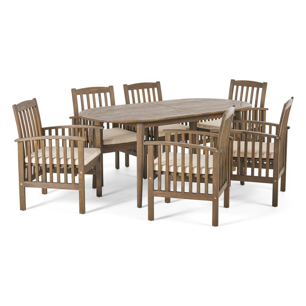 Casa Acacia Grey 7-Piece Acacia Wood Oval Table with Straight Legs Outdoor Patio Dining Set with Cream Cushions -  Noble House, 55183