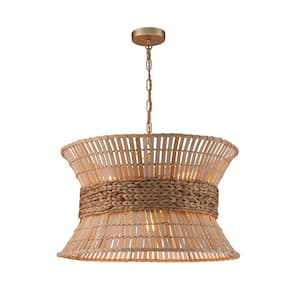 Umber 4-Light Modern Natural Rattan Pendant Ceiling Fixture Coastal Nautical Chandelier in Brass