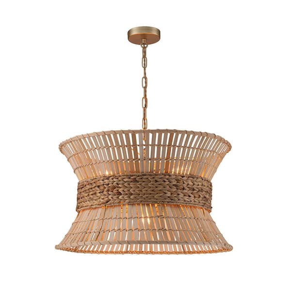 ELE Light & Decor Umber 4-Light Modern Natural Rattan Pendant Ceiling Fixture Coastal Nautical Chandelier in Brass