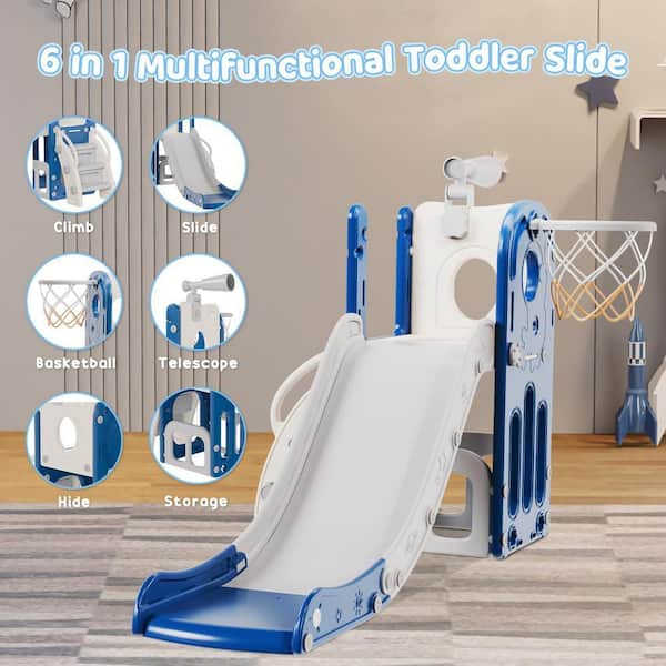 SEEUTEK 5 ft. Blue and Gray 6-in-1 Astronaut Toddler Slide Kids