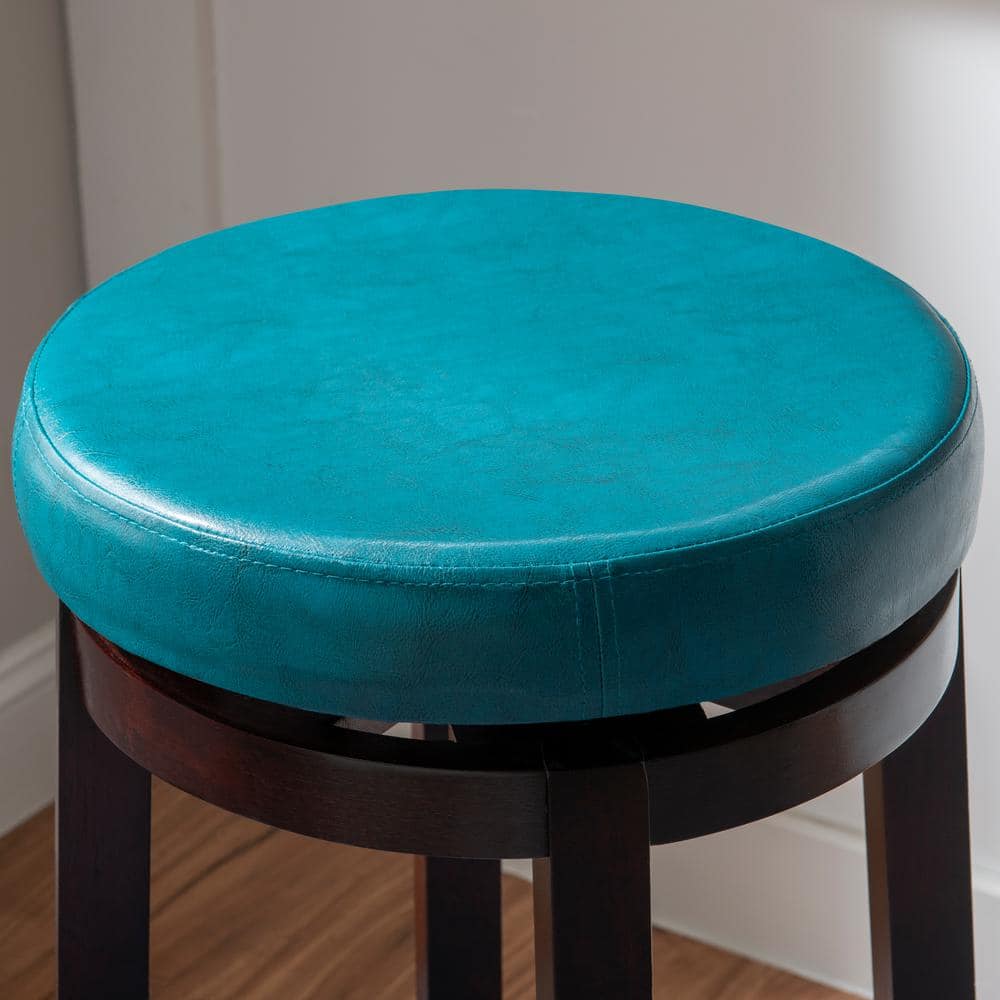 Teal Backless Swivel Wood and Leather Bar Stool