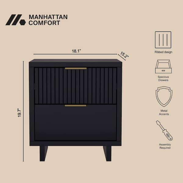 Manhattan Comfort Elara Contemporary Black 2-Drawer 18.1 in. W
