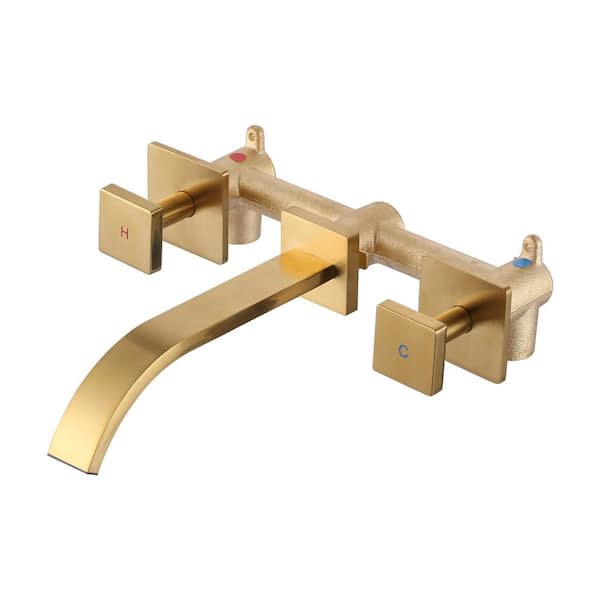 Solid Brass Double Handle Wall Mounted Waterfall Bathroom Faucet in Brushed Gold