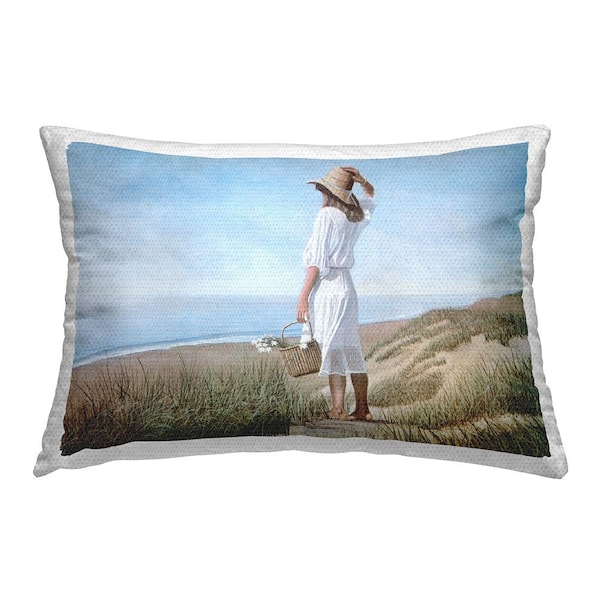 Stupell Industries Girl At Beach Coast Blue Rectangular Outdoor Throw Pillow
