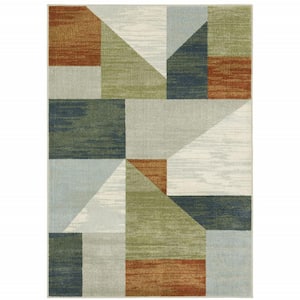 Grey Teal Blue Rust Green and Ivory 3 ft. x 5 ft. Geometric Power Loom Stain Resistant Area Rug