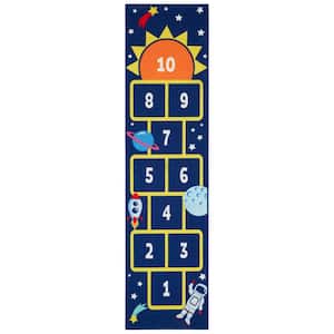 Imagine Hopscotch Space Blue/Yellow 2 ft. x 8 ft. Kid's Washable Runner Rug