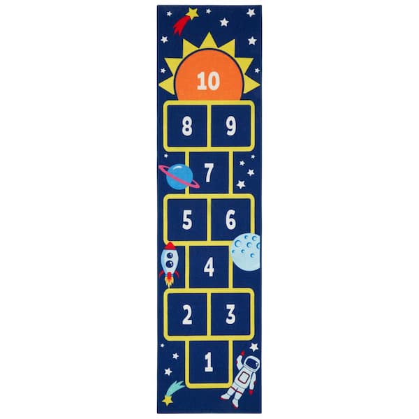 Everwash Imagine Hopscotch Space Blue/Yellow 2 ft. x 8 ft. Kid's Washable Runner Rug