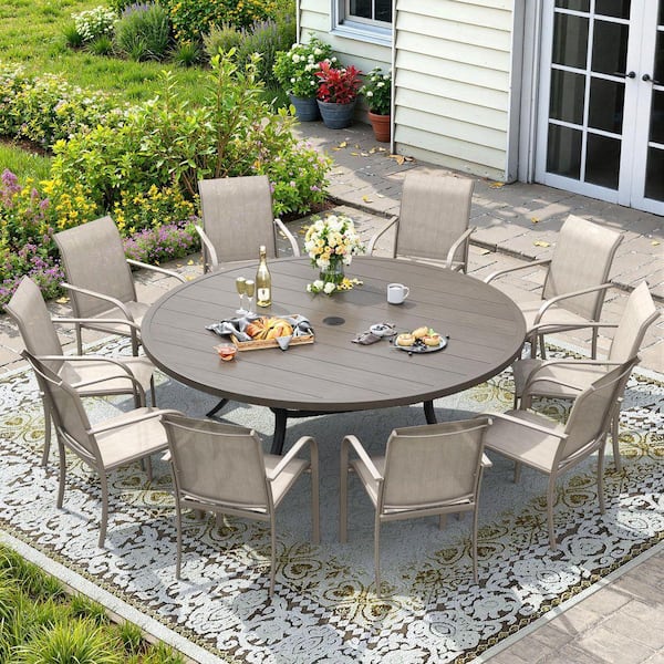 11-Piece Metal Outdoor Dining Set with Grey Wood-Like Round Table and 10 Sandshell Stackable Dining Chairs for 10 Person