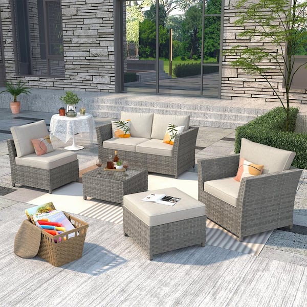 OVIOS Bexley Gray 6-Piece Wicker Patio Conversation Seating Set with Bold-Stripe Beige Cushions