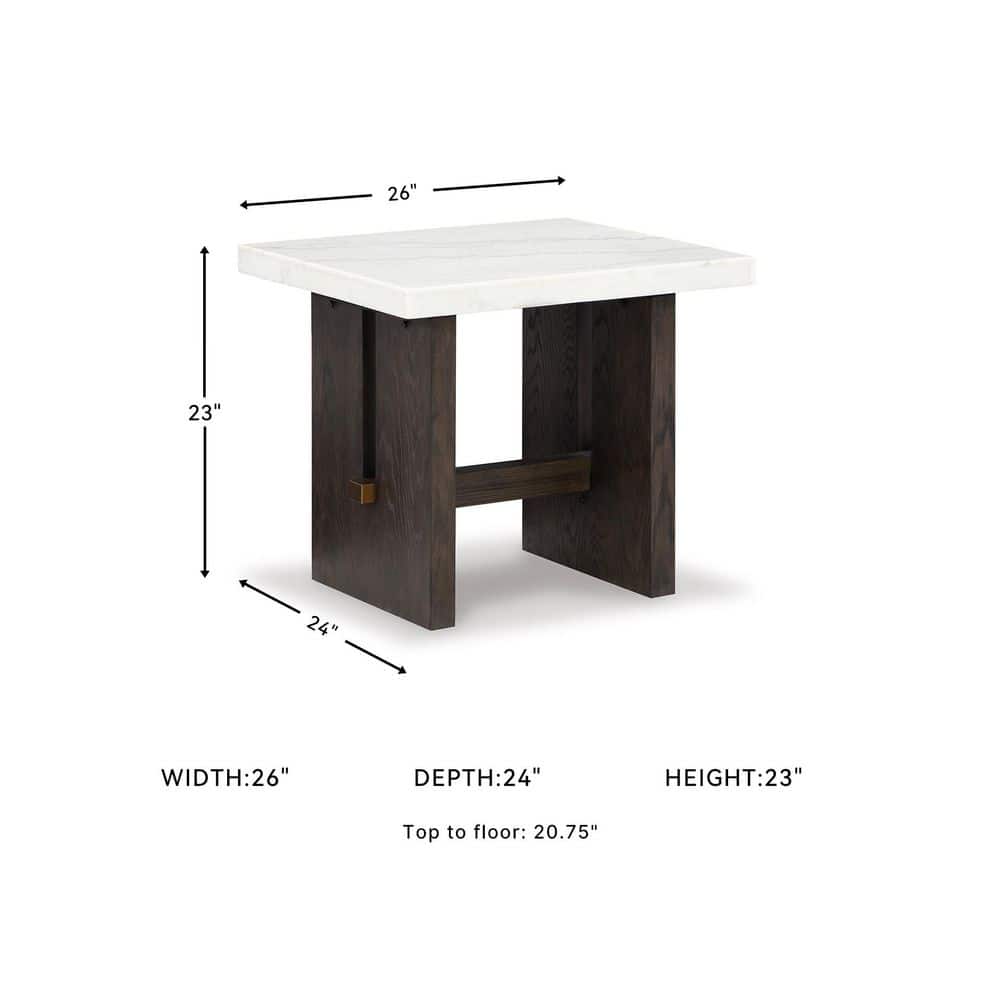 Burkhaus 26 in. White / Dark Brown Rectangle Marble End Table with Trestle Base - thumbnail 9