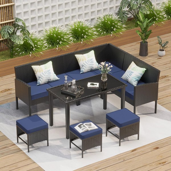 Sudzendf 7-Piece Wicker Outdoor Conversation Patio Furniture Set with Dark Blue Cushions