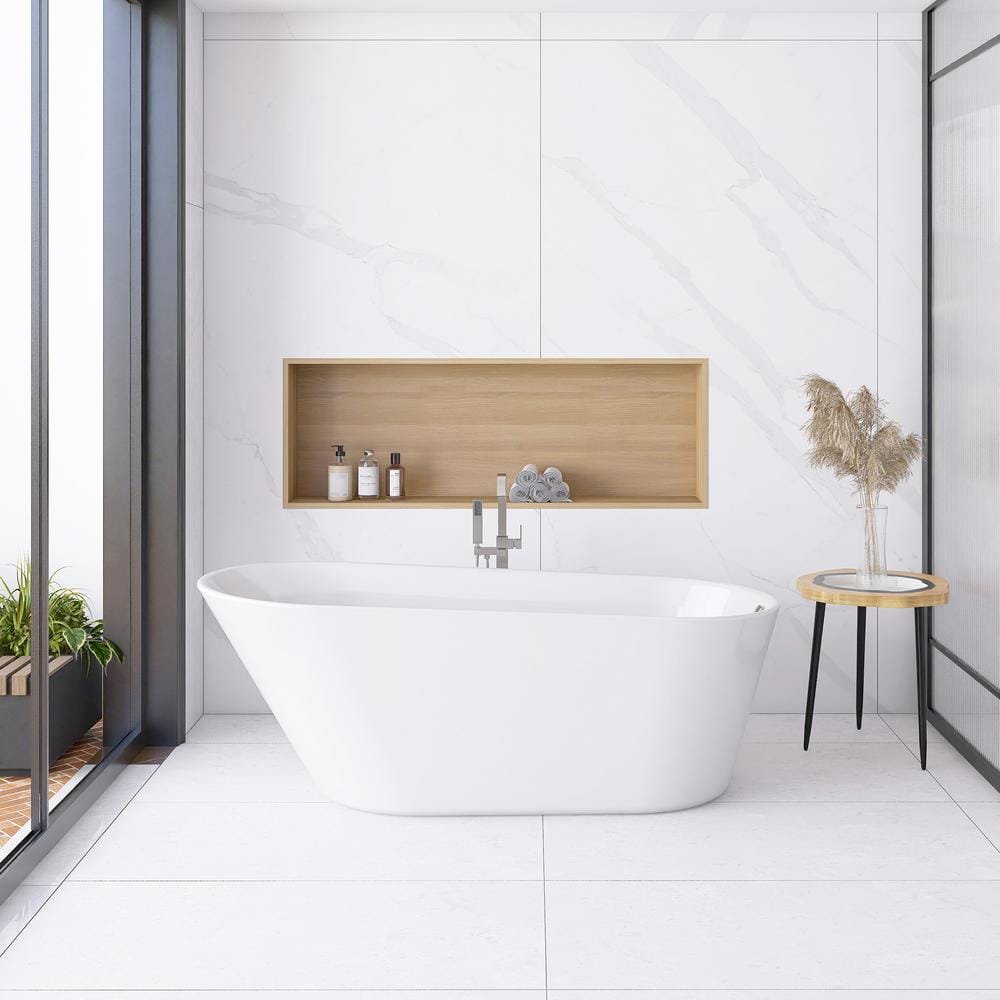 Glossy White Acrylic Freestanding Oval Soaking Bathtub