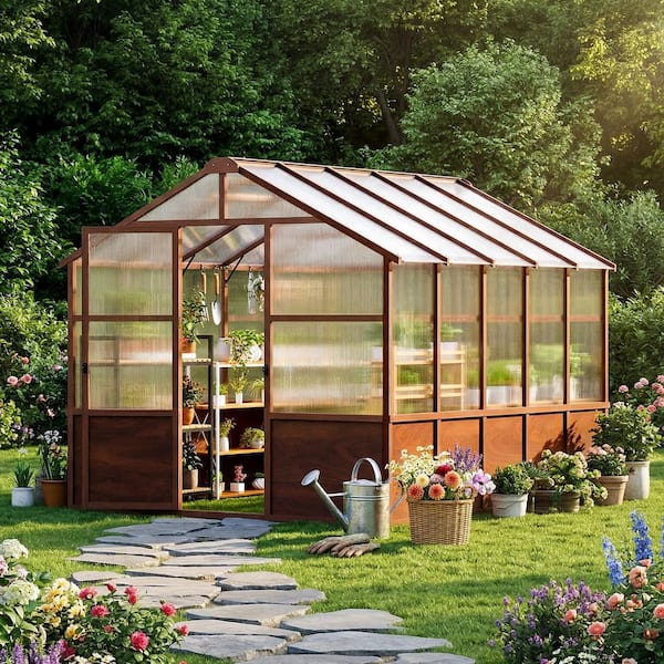 Epicpoplar 8 ft. x 10 ft. Cedar Wood Walk-In Greenhouse Kit with