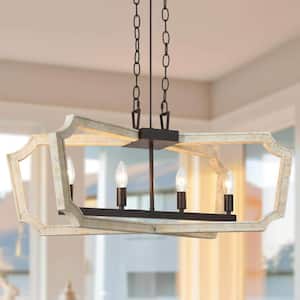 Modern 4-Light Rustic Bronze Island Chandelier with Natural Wood Geometric Frame