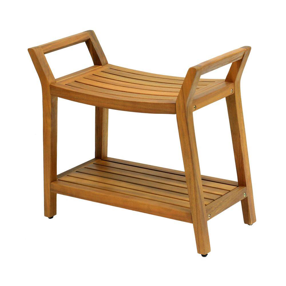 Orla 25.59 in. Modern Classic Slatted Solid Acacia Wood Indoor/Outdoor Shower Bench with Shelf and Handle, Natural price history on PriceWatchPro