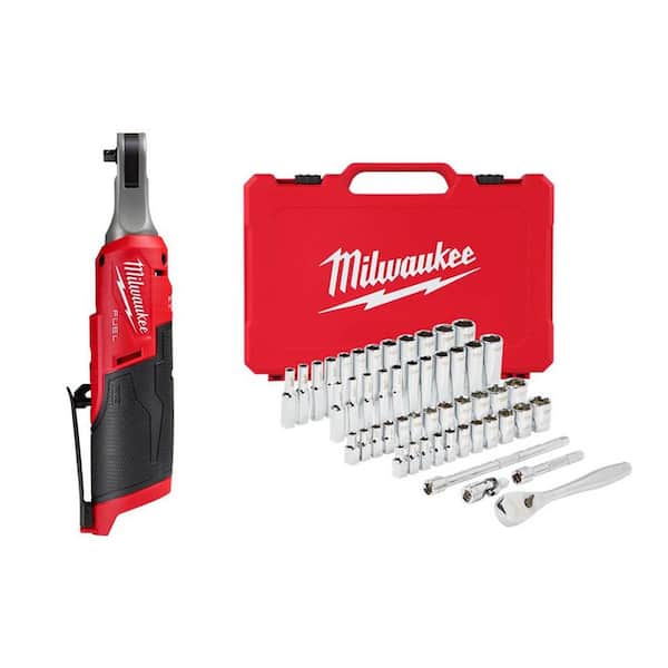 Milwaukee M12 FUEL 12-Volt Lithium-Ion 1/4 in. High Speed Cordless Ratchet  with SAE/Metric Mechanics Tool Set (51-Piece) 2566-20-48-22-9004 The Home  Depot
