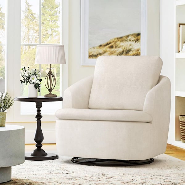 Arthur 35 in. Oatmeal White Fabric Upholstered Swivel Glider Arm Chair with Metal Base Swivel Accent Chair (Set of 1)