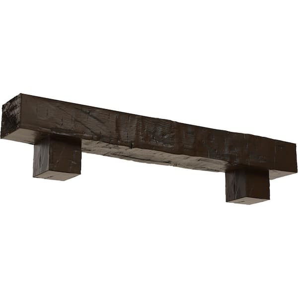 Ekena Millwork 4 in. x 6 in. x 5 ft. Hand Hewn Faux Wood Fireplace Mantel Kit with Alamo Corbels, Burnished Mahogany