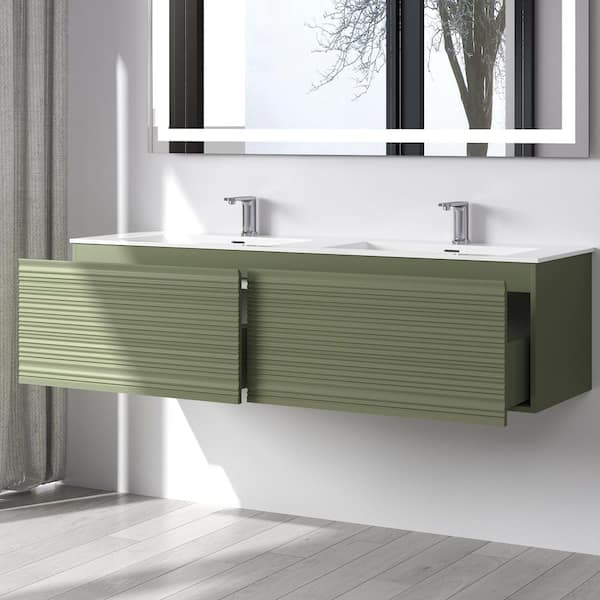 60 in. W x 18 in. D x 16 in. H Double Sink Wall Mounted Floating PVC Bath Vanity in Green with White Solid Surface Top