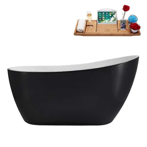 55 in. x 28 in. Acrylic Freestanding Soaking Bathtub in Glossy Black with Brushed GunMetal Drain