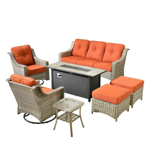 Cherry 7-Piece Wicker Outdoor Furniture Patio Fire Pit Conversation Sofa Set with Swivel Chairs and Orange Red Cushions