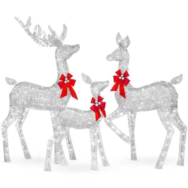 60 in. Silver LED Metal Deer Family Christmas Yard Decoration