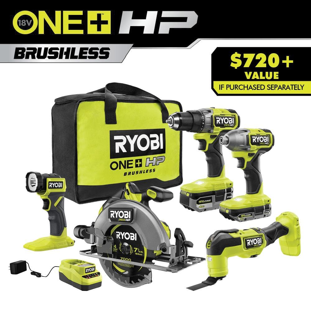RYOBI ONE+ HP 18V Brushless Cordless 5-Tool Combo Kit with 4.0 Ah and 2.0  Ah HIGH PERFORMANCE Batteries, Charger, and Bag PBLCK105K2 The Home Depot