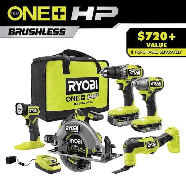 RYOBI ONE+ HP 18V Brushless Cordless 5-Tool Combo Kit with 4.0 Ah and 2.0 Ah HIGH PERFORMANCE Batteries, Charger, and Bag