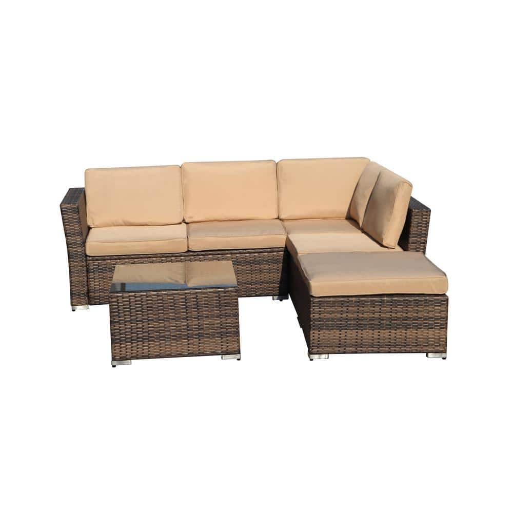 waelph 4-Piece Wicker Patio Conversation Set with Brown Cushions GZ ...