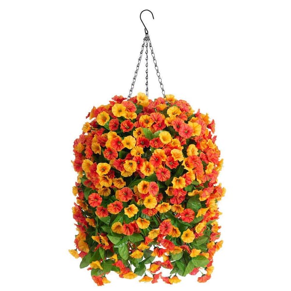25 in. Orange Outdoor Artificial Morning Glory Flower in Basket