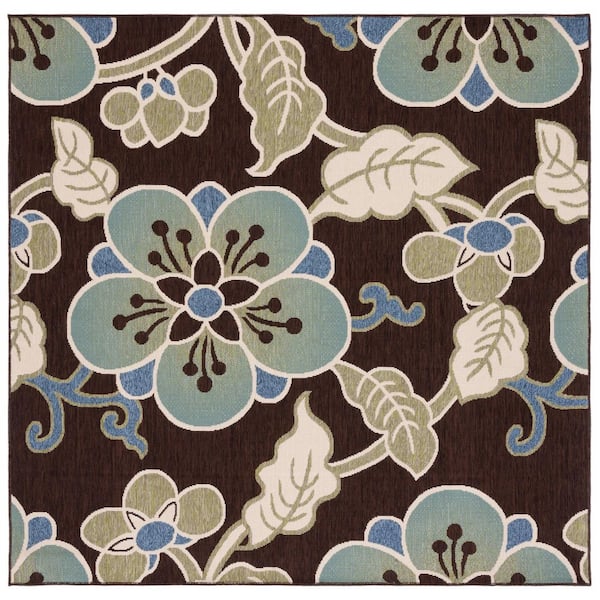Veranda Chocolate/Aqua 7 ft. x 7 ft. Oversized Floral Indoor/Outdoor Square Area Rug