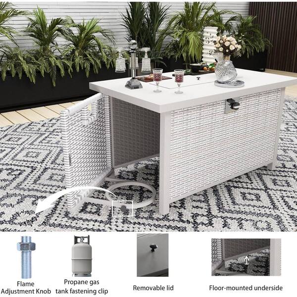 セット Gray 40.5 in. Rectangle Wicker Outdoor Propane Fire Pit Table